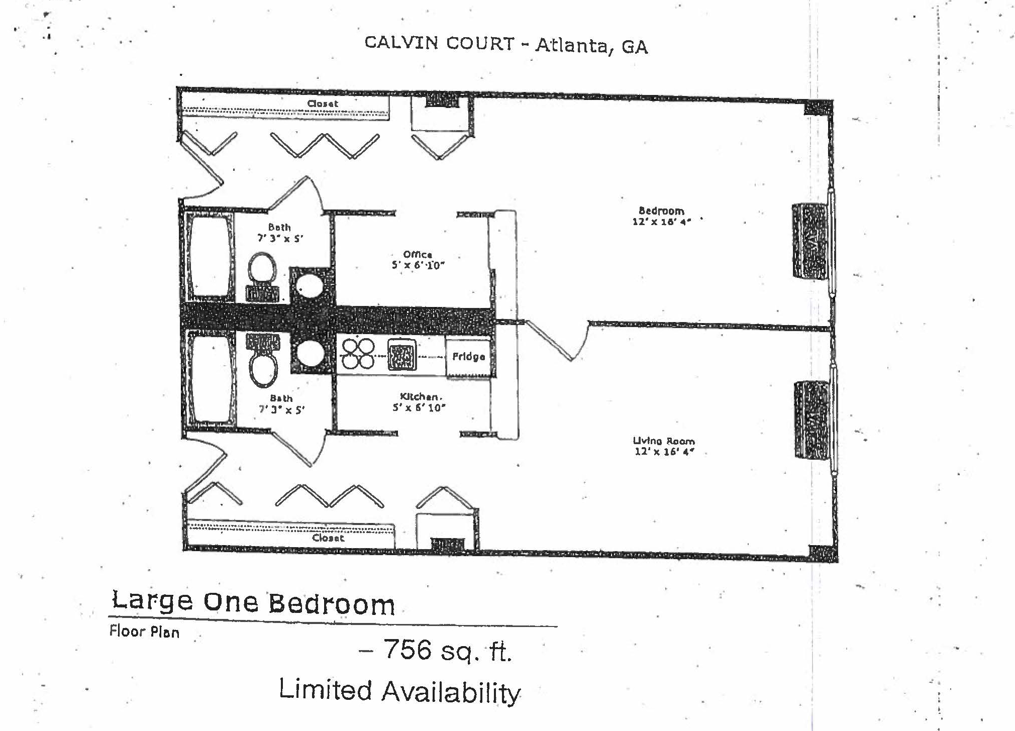 A larger, one bed, one bathroom floor plan.