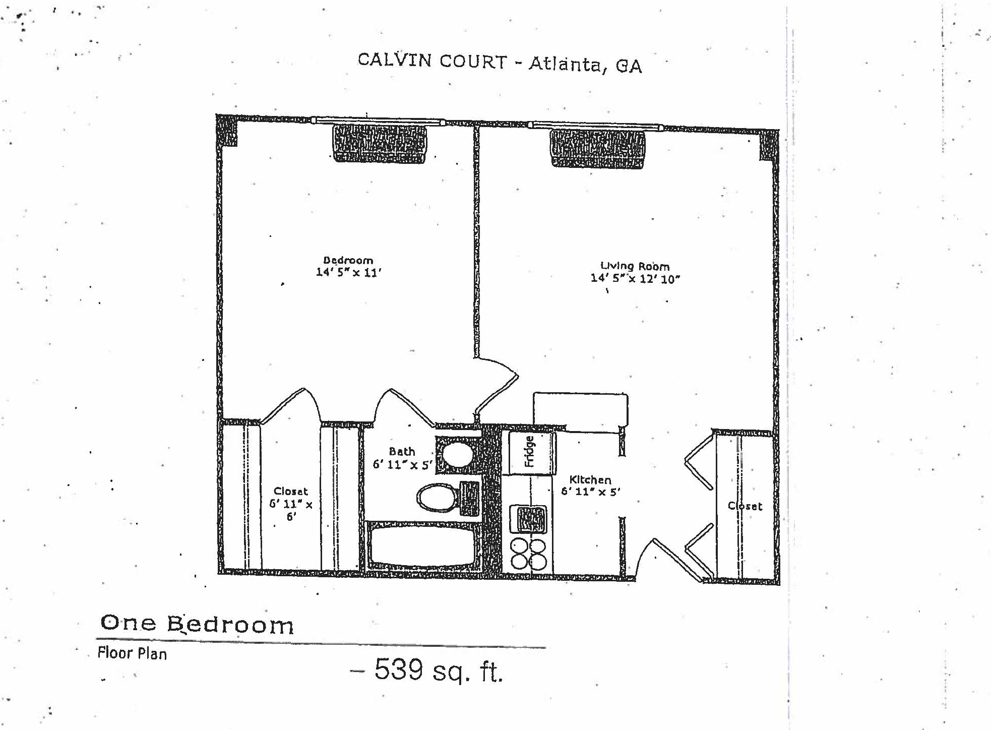 A regular one bed, one bathroom apartment floor plan.