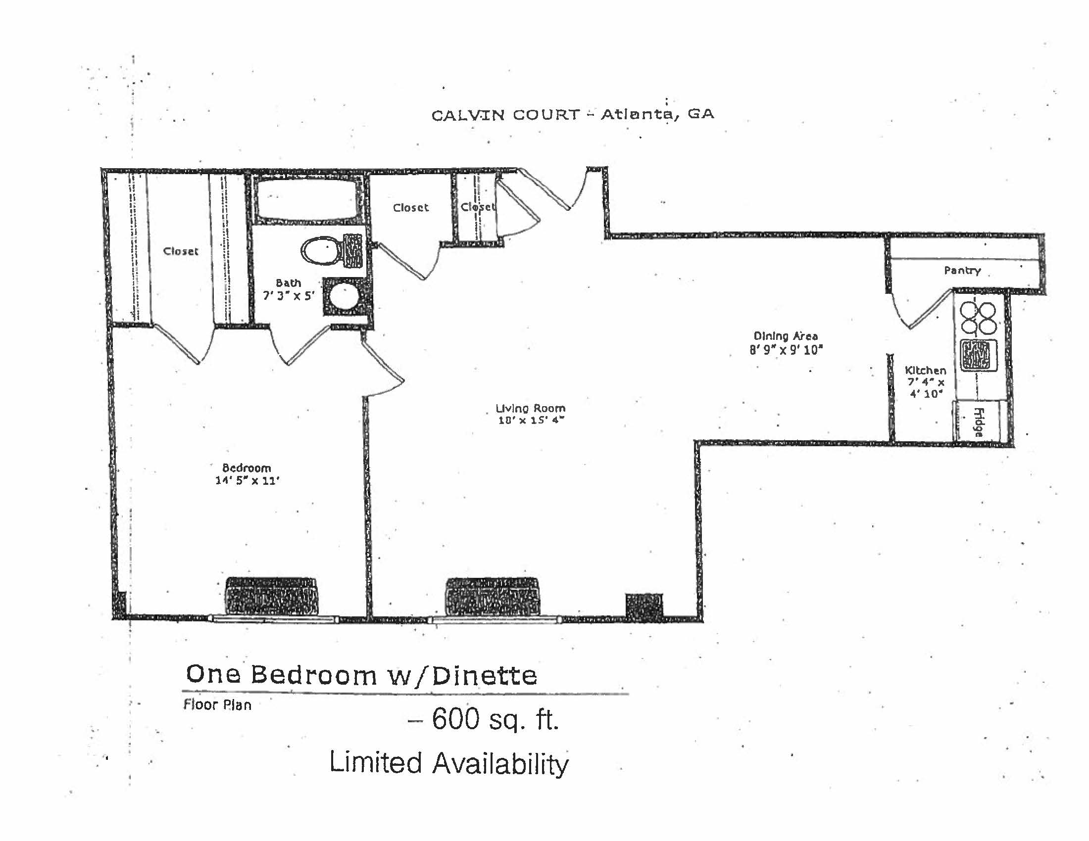 A floor plan that shows one bedroom, one bathroom with dinette.