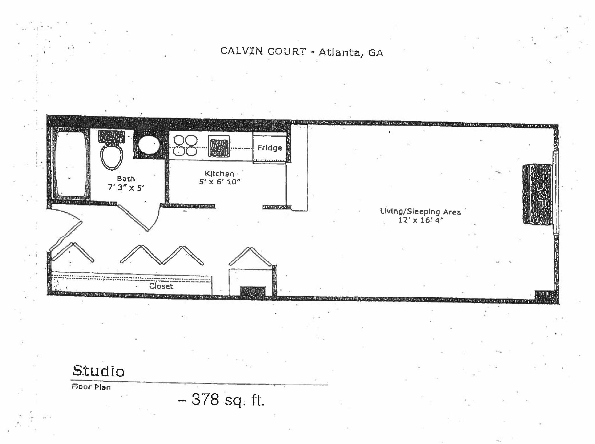 A floor plan of a Calvin Court studio apartment.